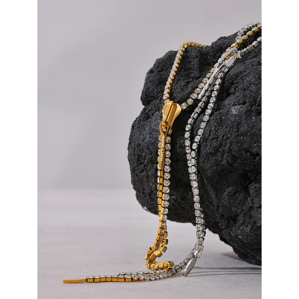 Rhinestone Zipper Pendant Tassel Necklace