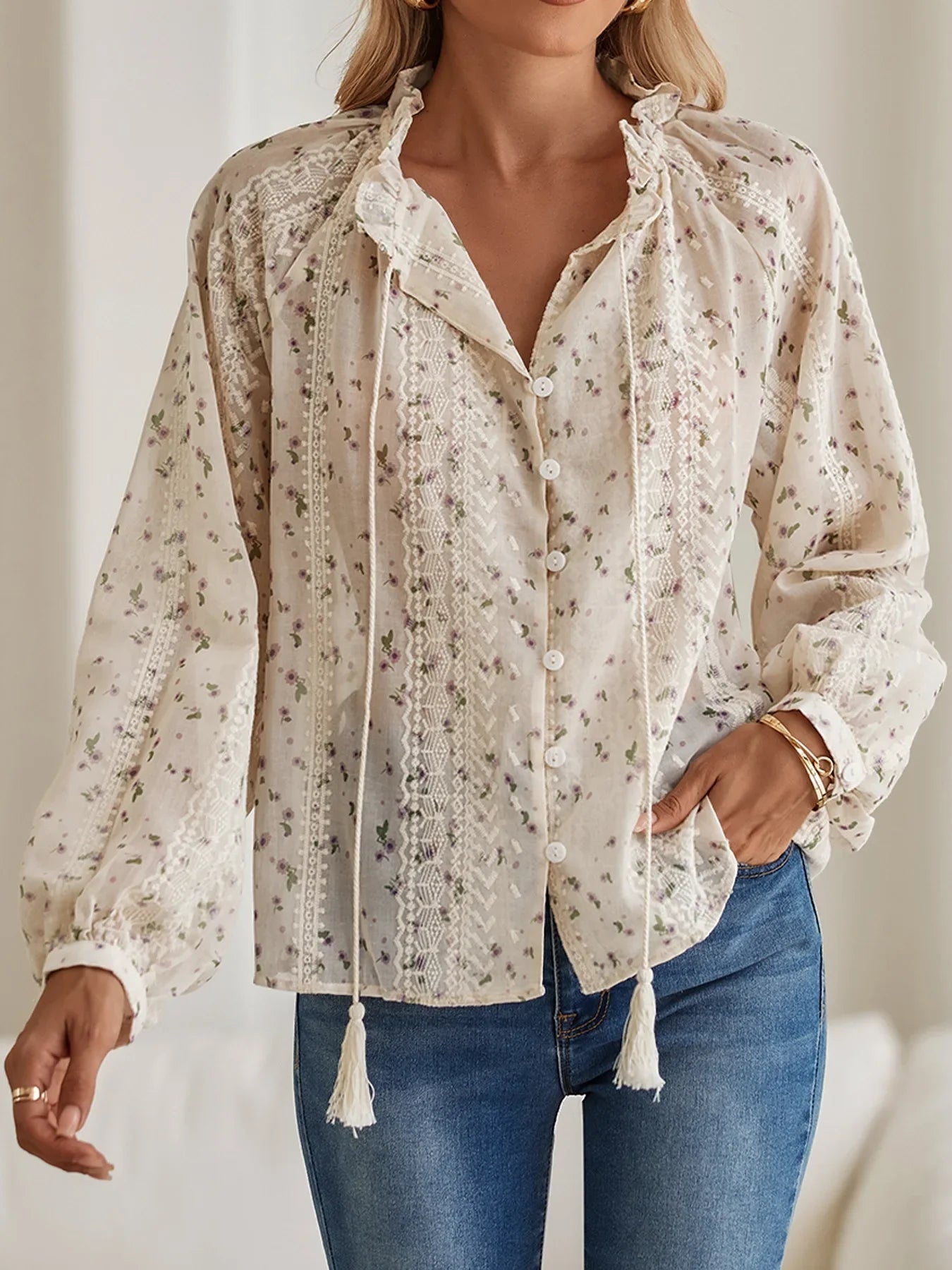 Boho Floral Printed Tassel Blouse