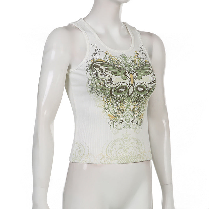 Slim Knitted Vest White Sleeveless O Neck Butterfly Vintage Print Tank Crop Tops