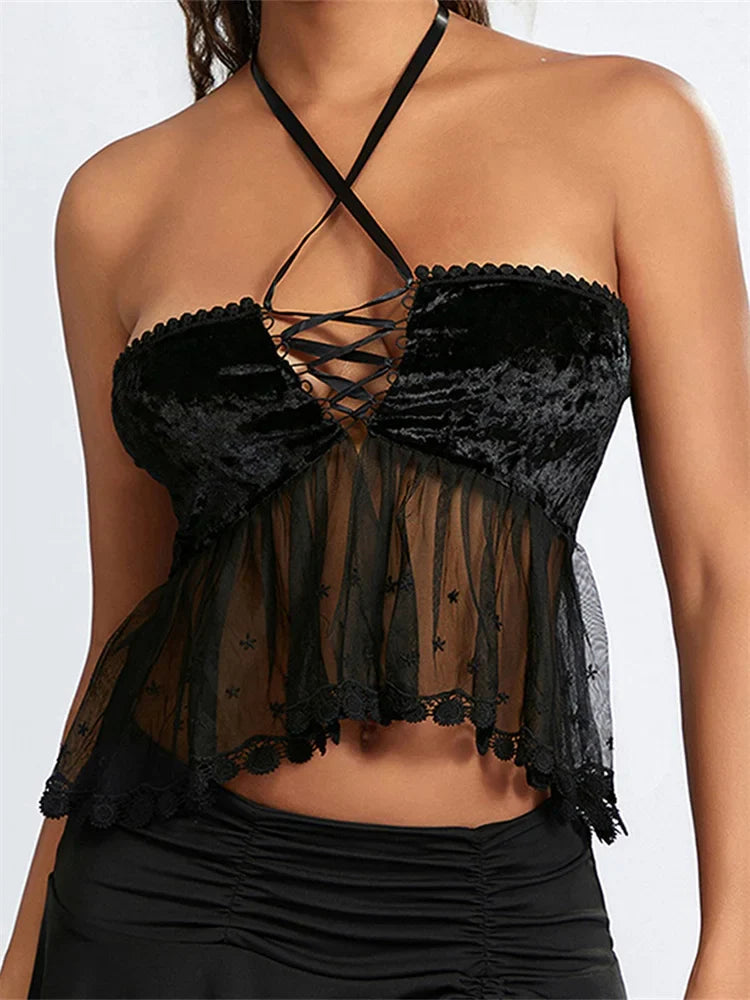 Mesh Patchwork Criss-Cross Tie-Up Halter Backless Vest Summer Sleeveless Cropped Clubwear Crop Top