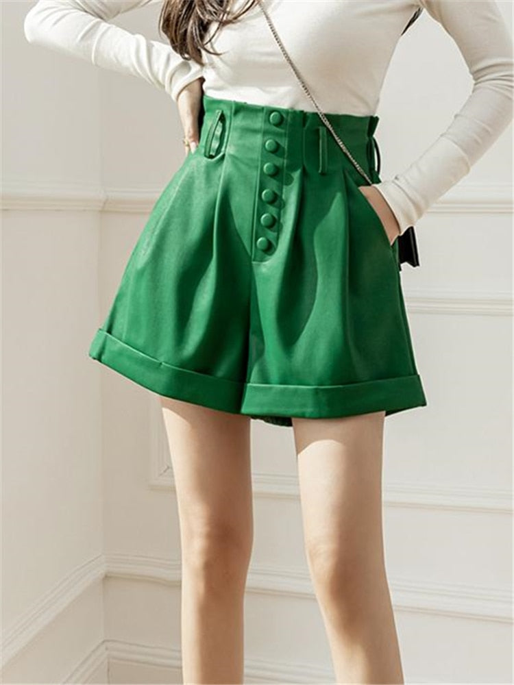 Women's Shorts Autumn Winter Single Breasted High Waist Wide Leg Pants