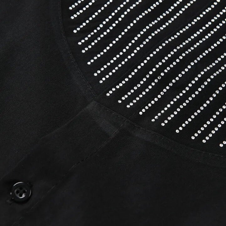 Sequin Bib Neck Tuxedo Shirt Blouse - Black or White