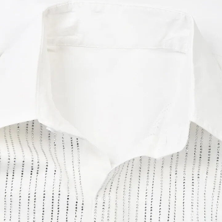 Sequin Bib Neck Tuxedo Shirt Blouse - Black or White