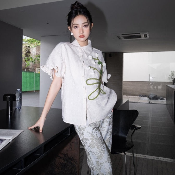 Serenity Tulip Embroidery Cheongsam Blouse