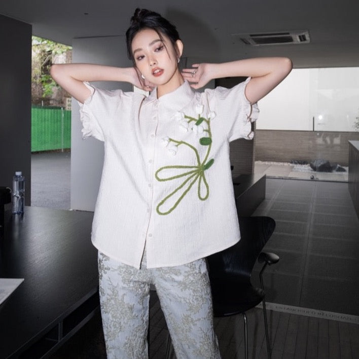 Serenity Tulip Embroidery Cheongsam Blouse