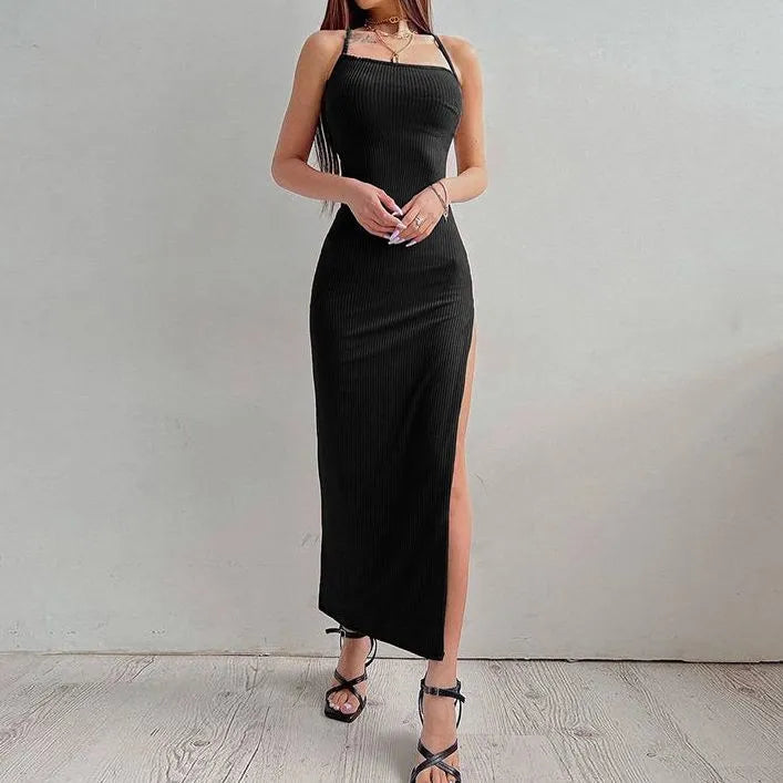 Sleeveless High Split Black Summer Dress Vestidos Cut Out Dresses