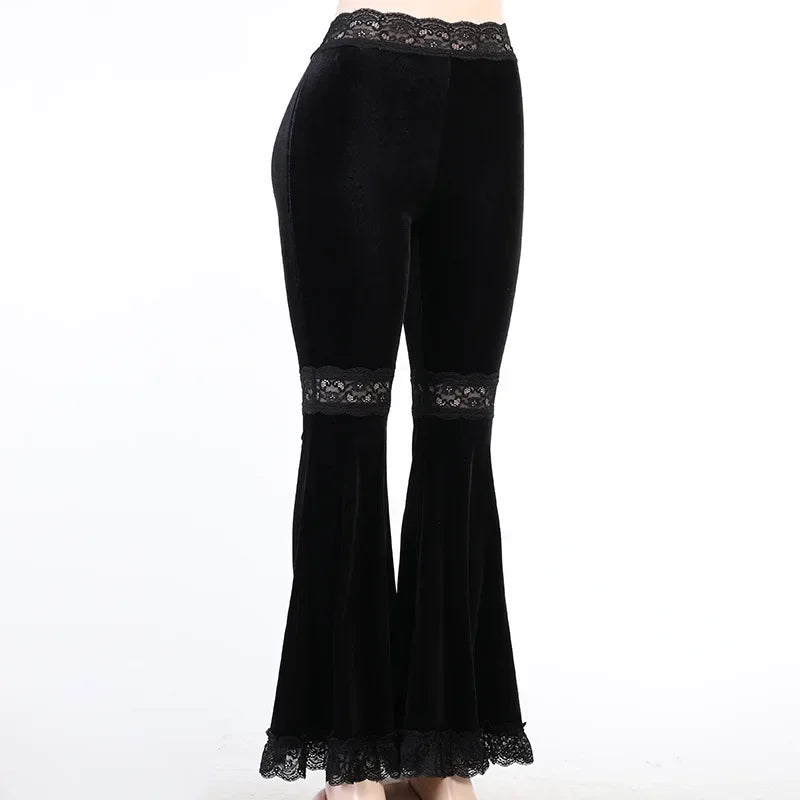 Patchwork Lace Solid Flare Gothic Dark High Waist Loose New Suede Pants