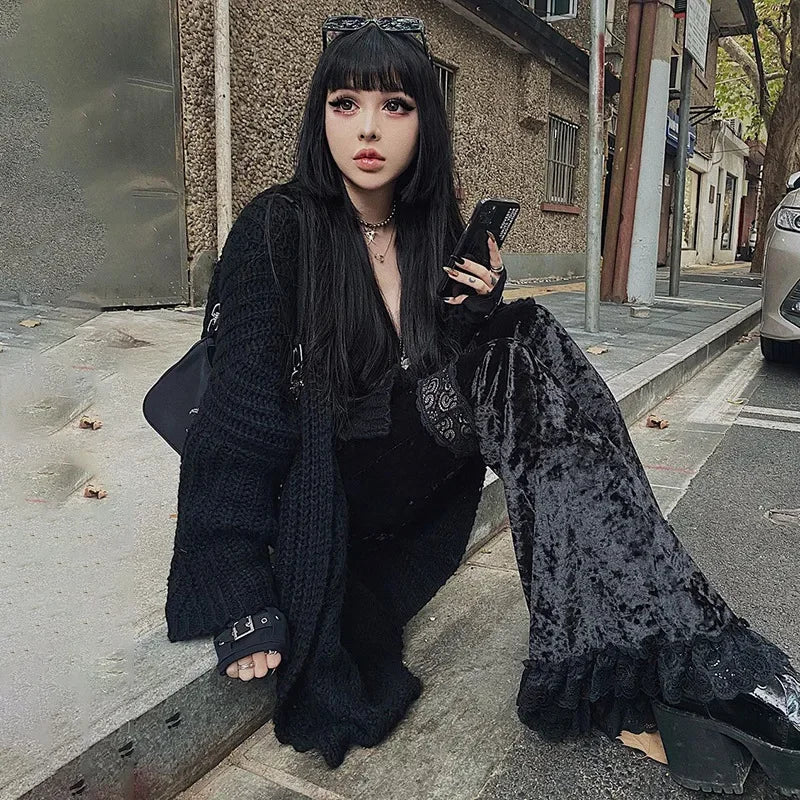 Patchwork Lace Solid Flare Gothic Dark High Waist Loose New Suede Pants