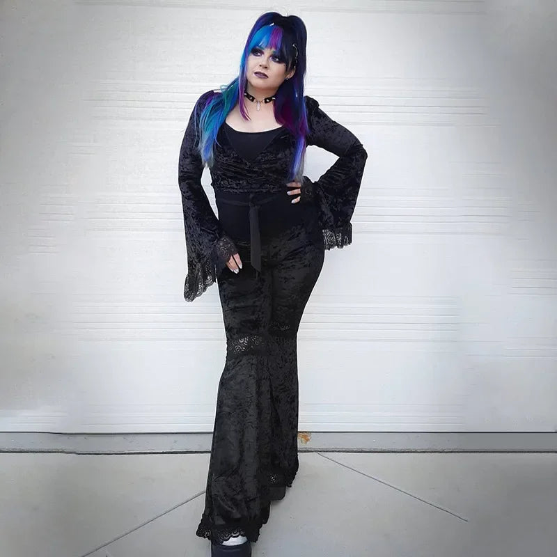 Patchwork Lace Solid Flare Gothic Dark High Waist Loose New Suede Pants