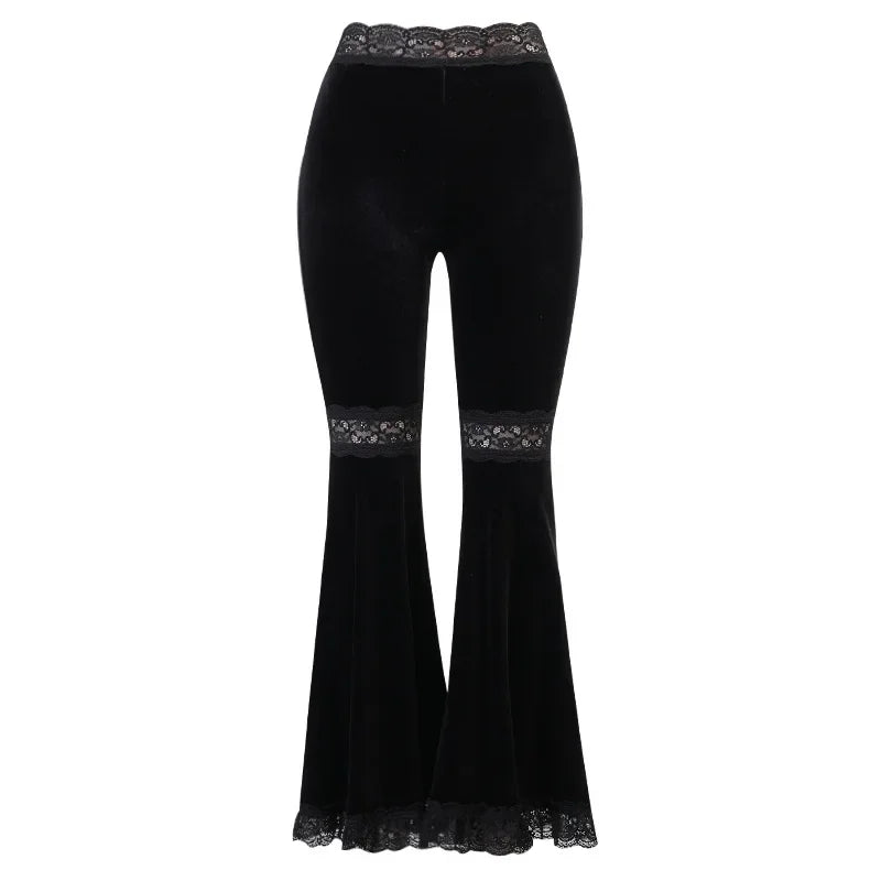 Patchwork Lace Solid Flare Gothic Dark High Waist Loose New Suede Pants