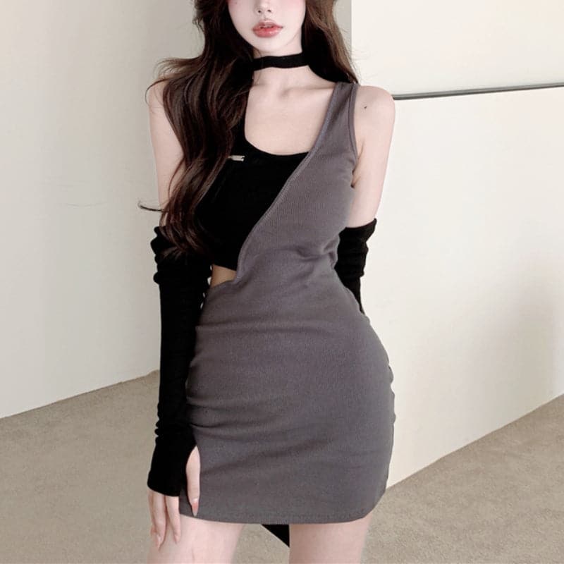 Halterneck Off-shoulder Long-sleeved Mini Dress