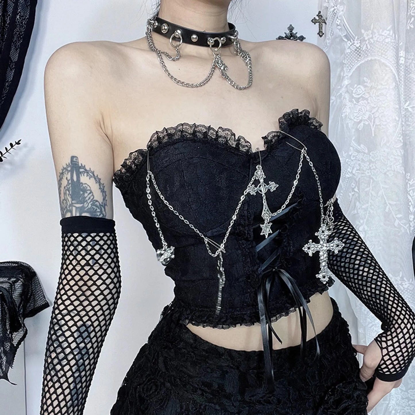 Dark Style Gothic Chain Tube Top Wrapped Chest Crop Top