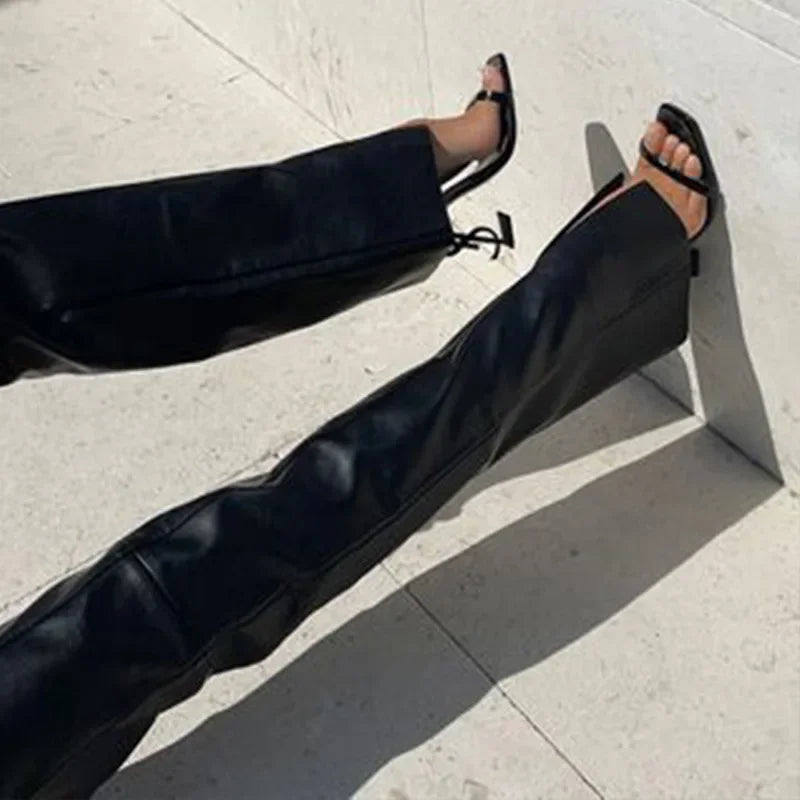 Low Waist PU Leather Slim Lace Up Hem Split Floor-Length Clubwear Pants