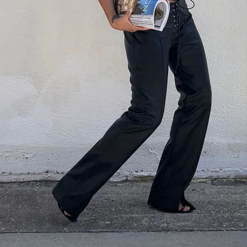 Low Waist PU Leather Slim Lace Up Hem Split Floor-Length Clubwear Pants