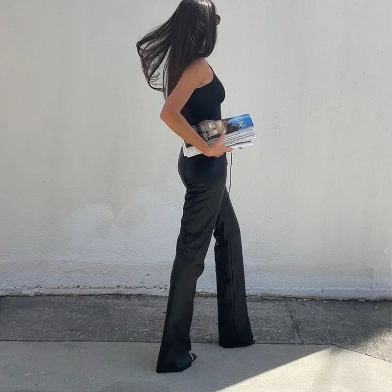 Low Waist PU Leather Slim Lace Up Hem Split Floor-Length Clubwear Pants