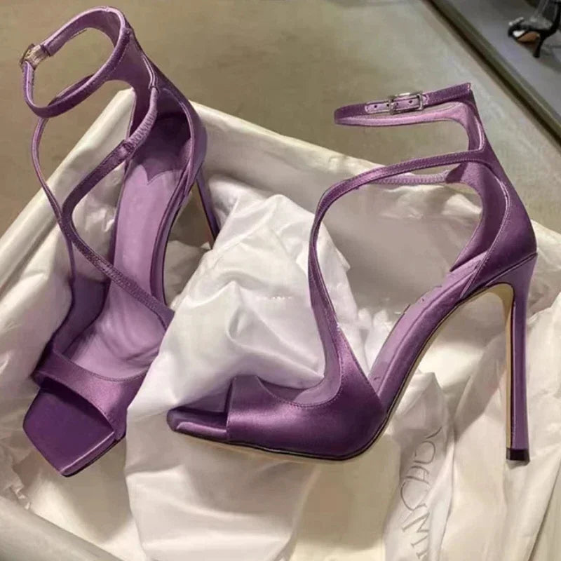 Satin Designer Square Head Gladiator Slingback Party High Heel