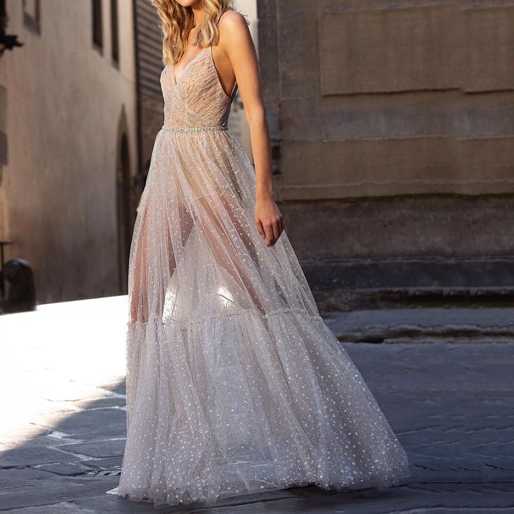 Mesh Illusion Print Long Dress