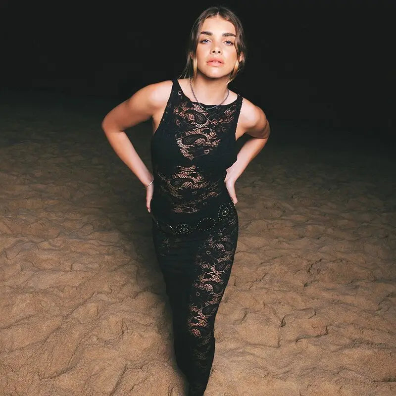 Mesh See Through Slim Maxi Lace Dress