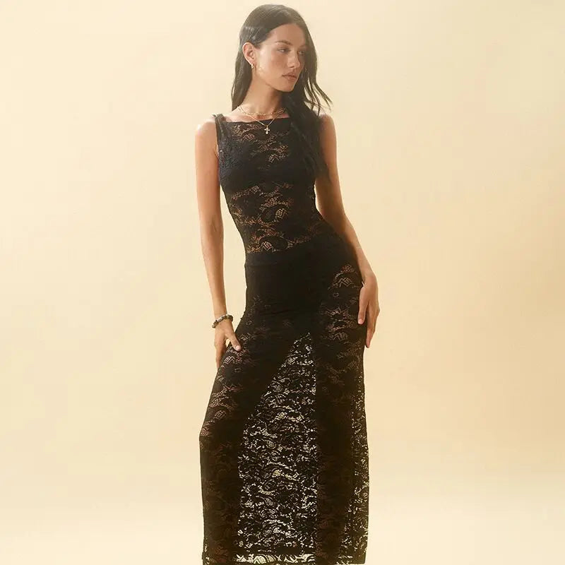 Mesh See Through Slim Maxi Lace Dress