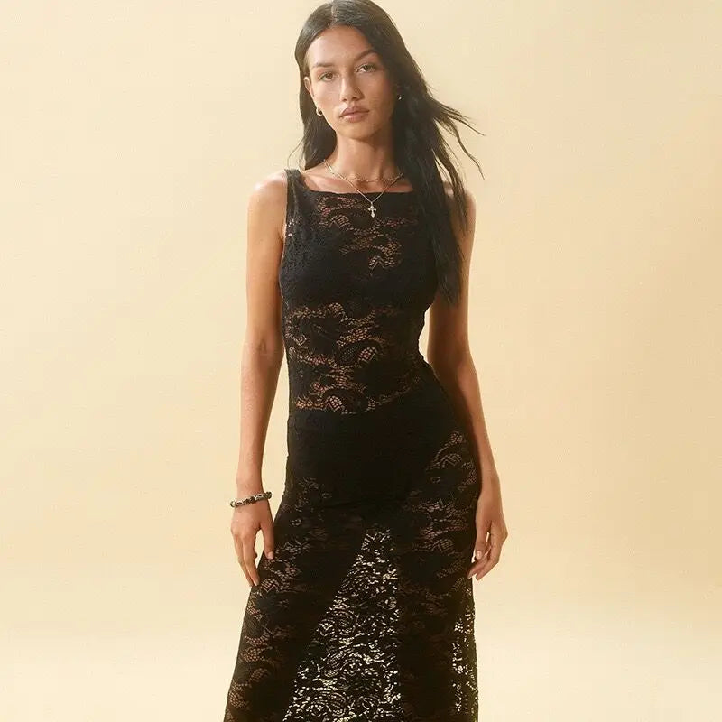 Mesh See Through Slim Maxi Lace Dress
