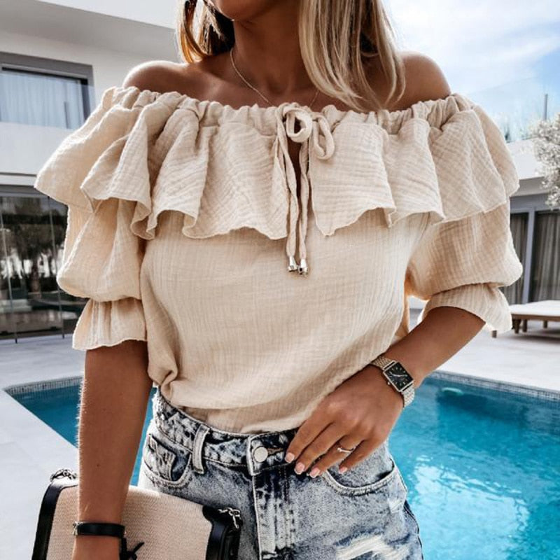 Off Shoulder Ruffles Blouse Shirts Color Lace-Up Tops Pullovers Casual Loose Blusa
