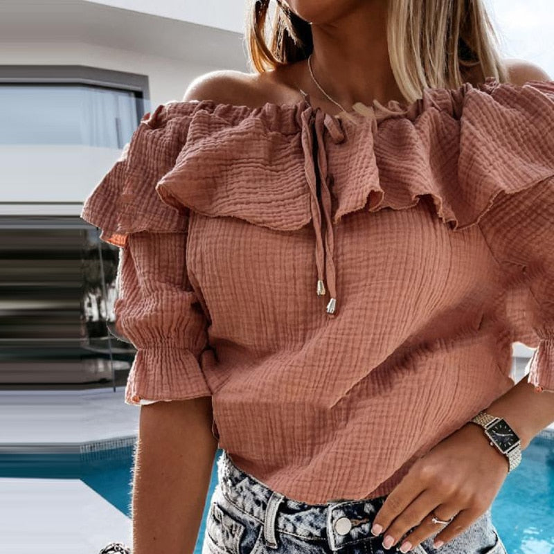Off Shoulder Ruffles Blouse Shirts Color Lace-Up Tops Pullovers Casual Loose Blusa