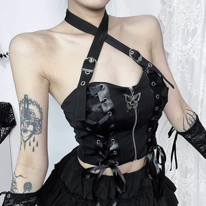 PU Camisole Grunge Gothic Bandage Zipper Backless Streetwear Aesthetic Leather Crop Top