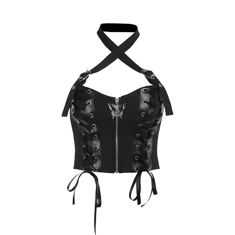 PU Camisole Grunge Gothic Bandage Zipper Backless Streetwear Aesthetic Leather Crop Top