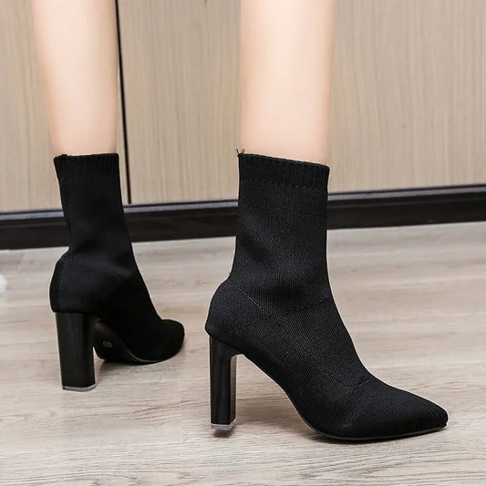Pointed Toe Knitted Stretch Fabric Plus Size Black Modern Ankle Boot