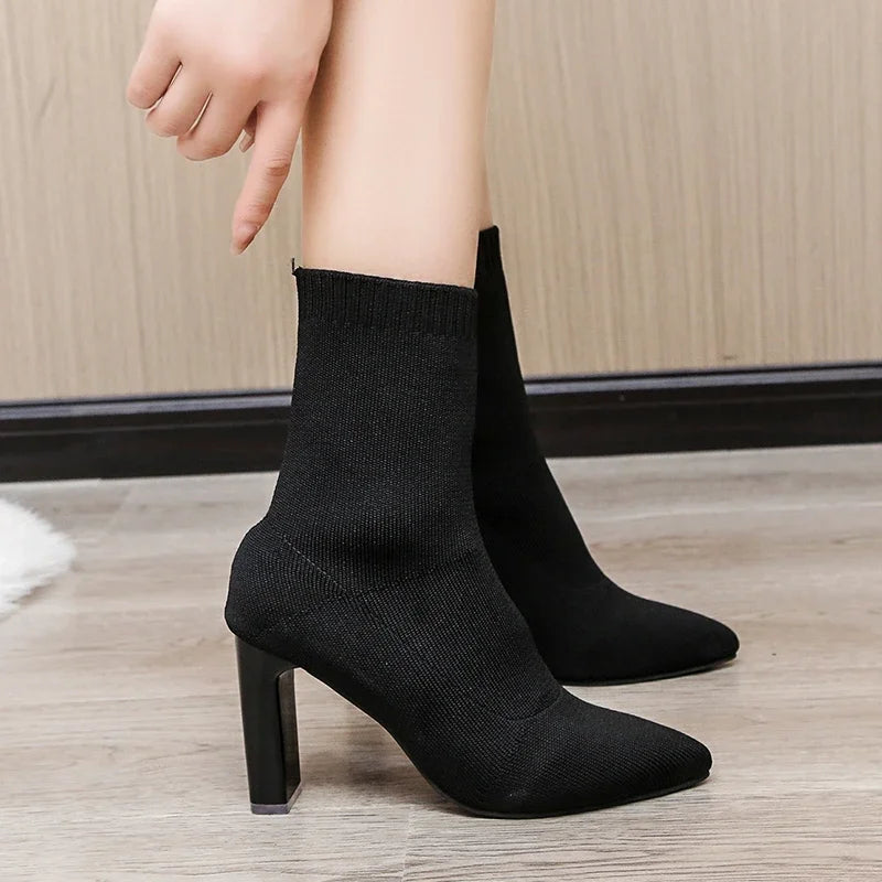 Pointed Toe Knitted Stretch Fabric Plus Size Black Modern Ankle Boot
