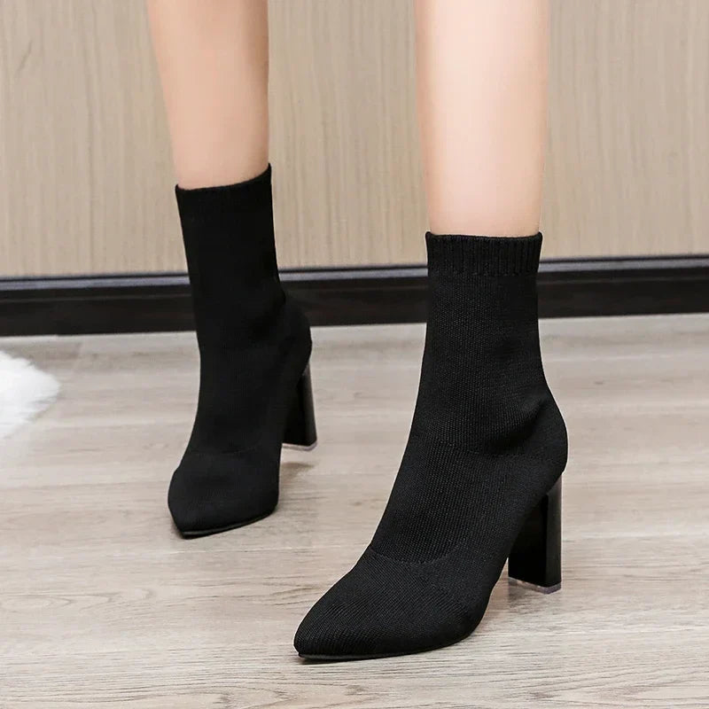 Pointed Toe Knitted Stretch Fabric Plus Size Black Modern Ankle Boot