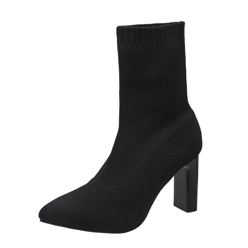 Pointed Toe Knitted Stretch Fabric Plus Size Black Modern Ankle Boot