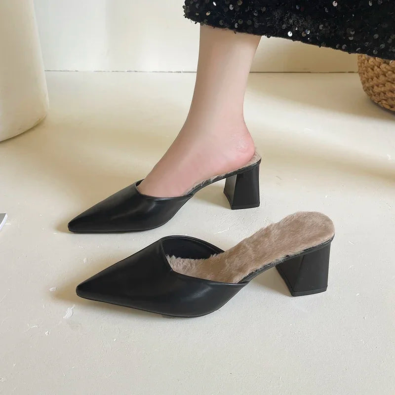 Pointed Toe Winter Plush Warm Closed Toe Comfortable Slippers Low Heel Pumps