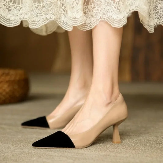 Pointed Elegant Summer Korean Fashion Apricot Black Color Block High Low Heel Pumps