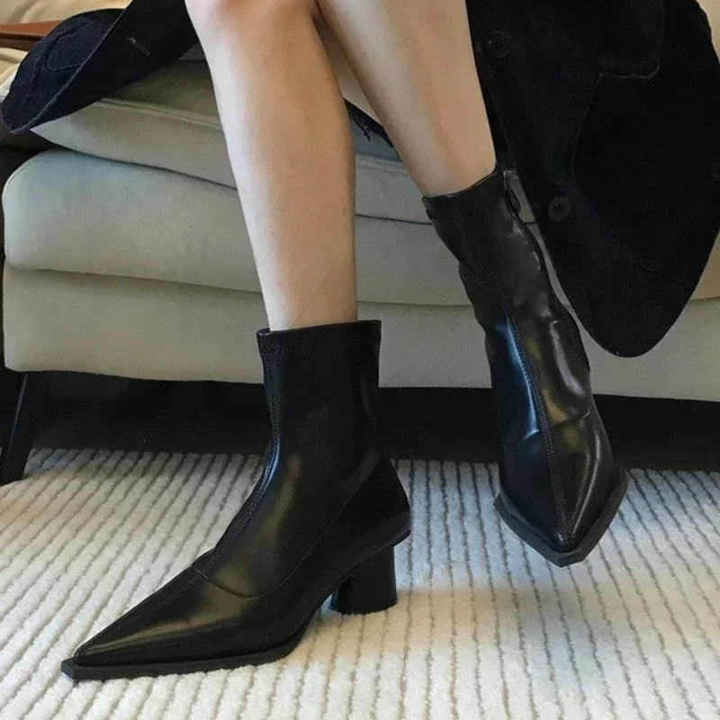Pointed Toe Black Matte Simple Versatile Modern Ankle Boot