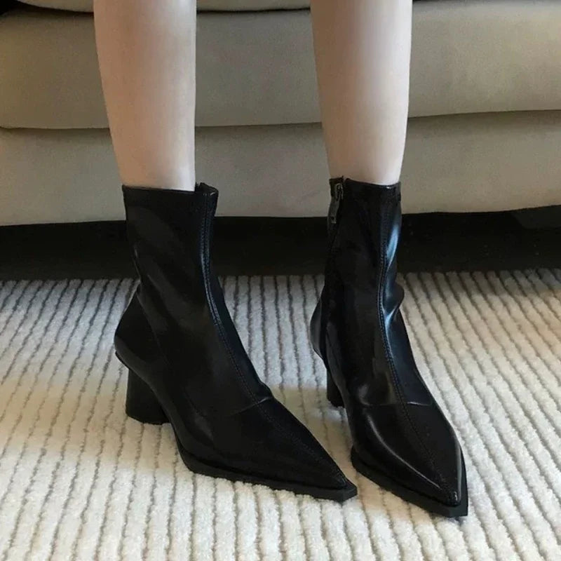 Pointed Toe Black Matte Simple Versatile Modern Ankle Boot