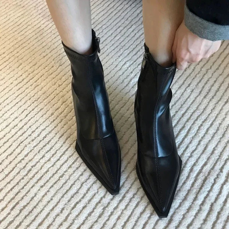 Pointed Toe Black Matte Simple Versatile Modern Ankle Boot