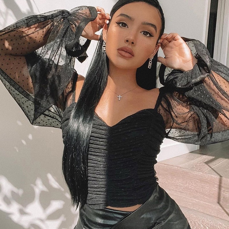 Polka Dots Mesh Chiffon Crop Top