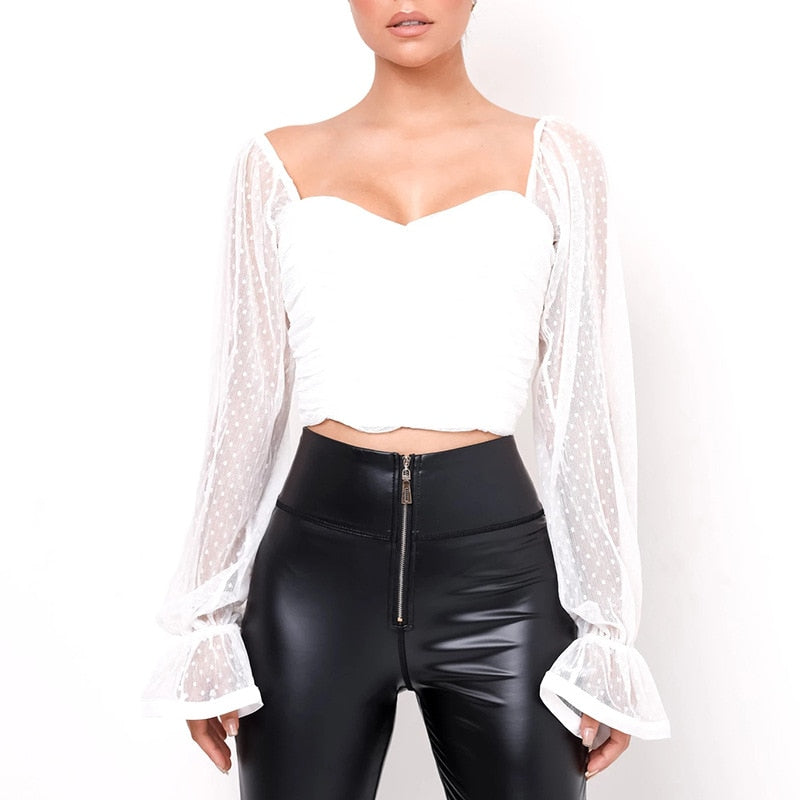 Polka Dots Mesh Chiffon Crop Top