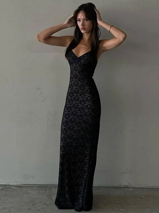 See Through Sleeveless Backless Lace Dress