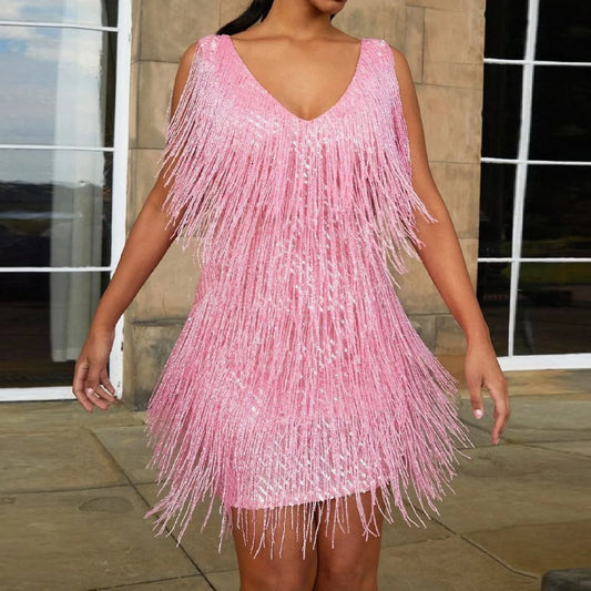 V-Neck Tassel Mini Elegant Sleeveless Sequin New Ladies Summer Night Club Cami Fringe Dress