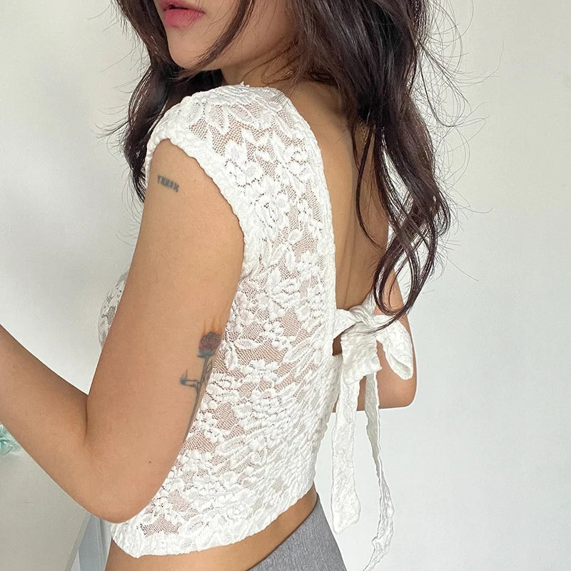 Transparent Lace Backless T-shirt