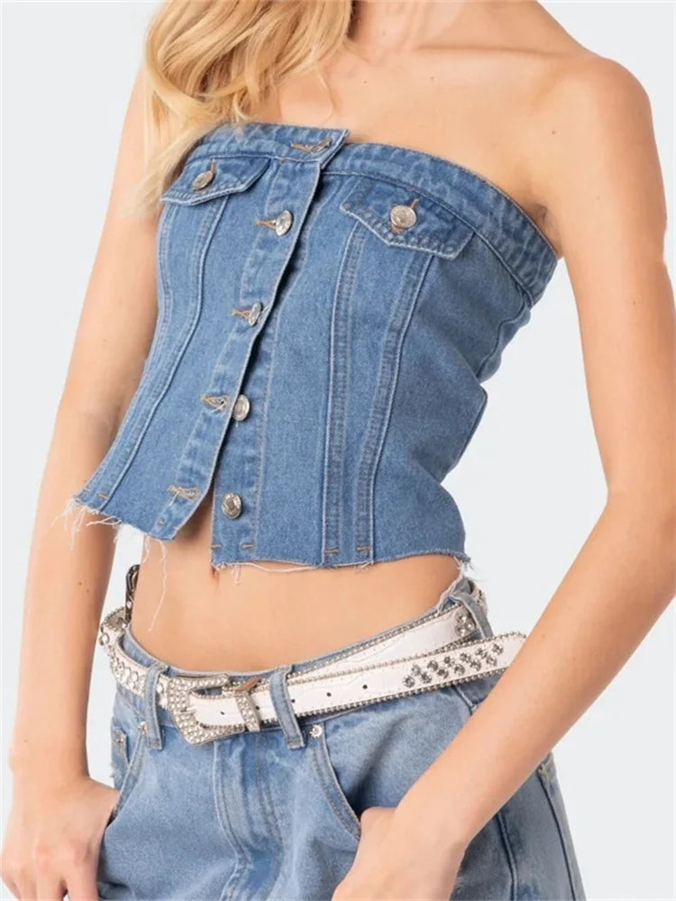 Denim Tube Strapless Slim Fit Button Down Bustiers Corsets Streetwear Summer Off Shoulder Vests Crop Top