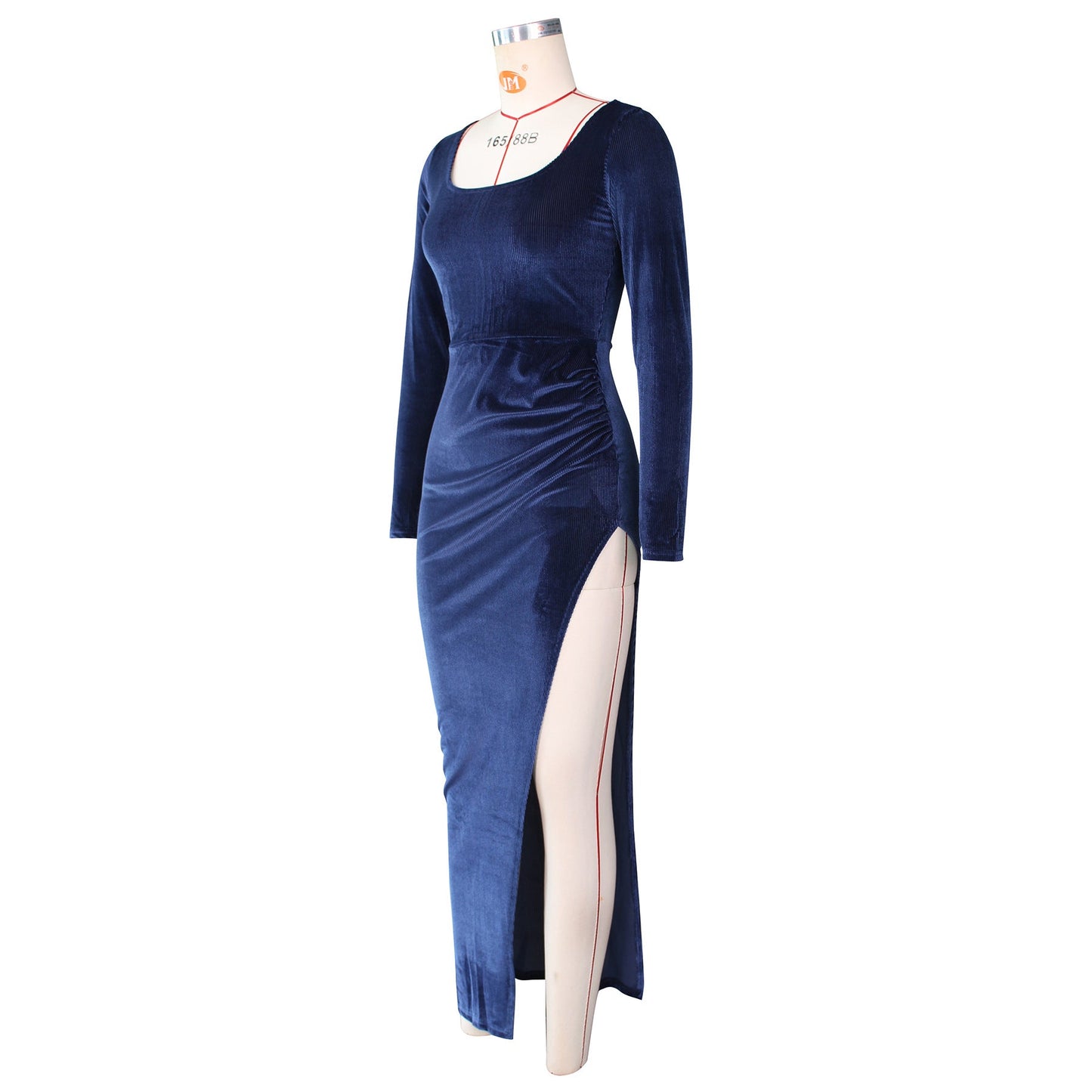 Elegant Velvet High Waist Slit Maxi Dress Long Sleeve Evening Party Dress