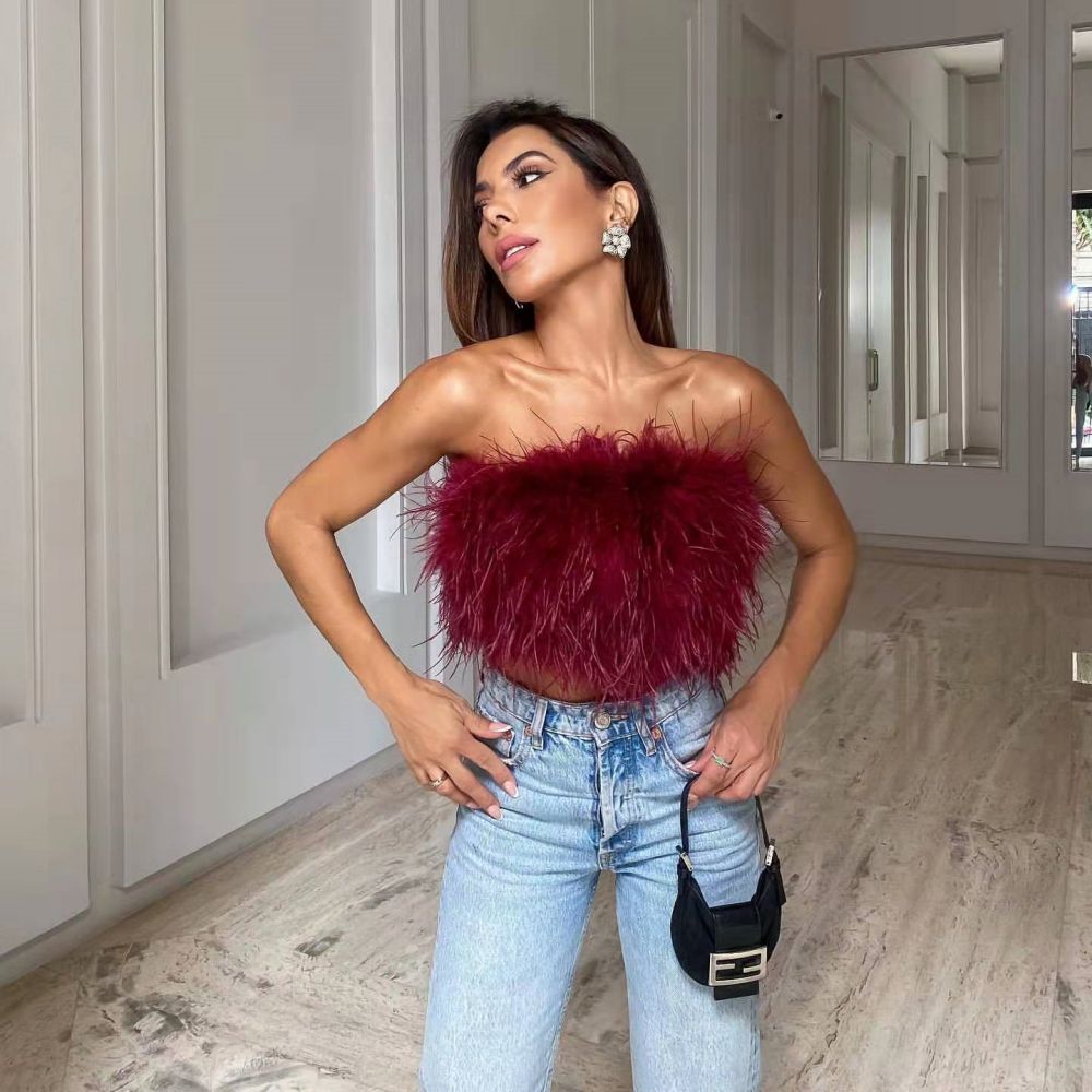 Faux Ostrich Feather Soft Fur Tank Short Vest Colorful Backless Nightclub Tube Top