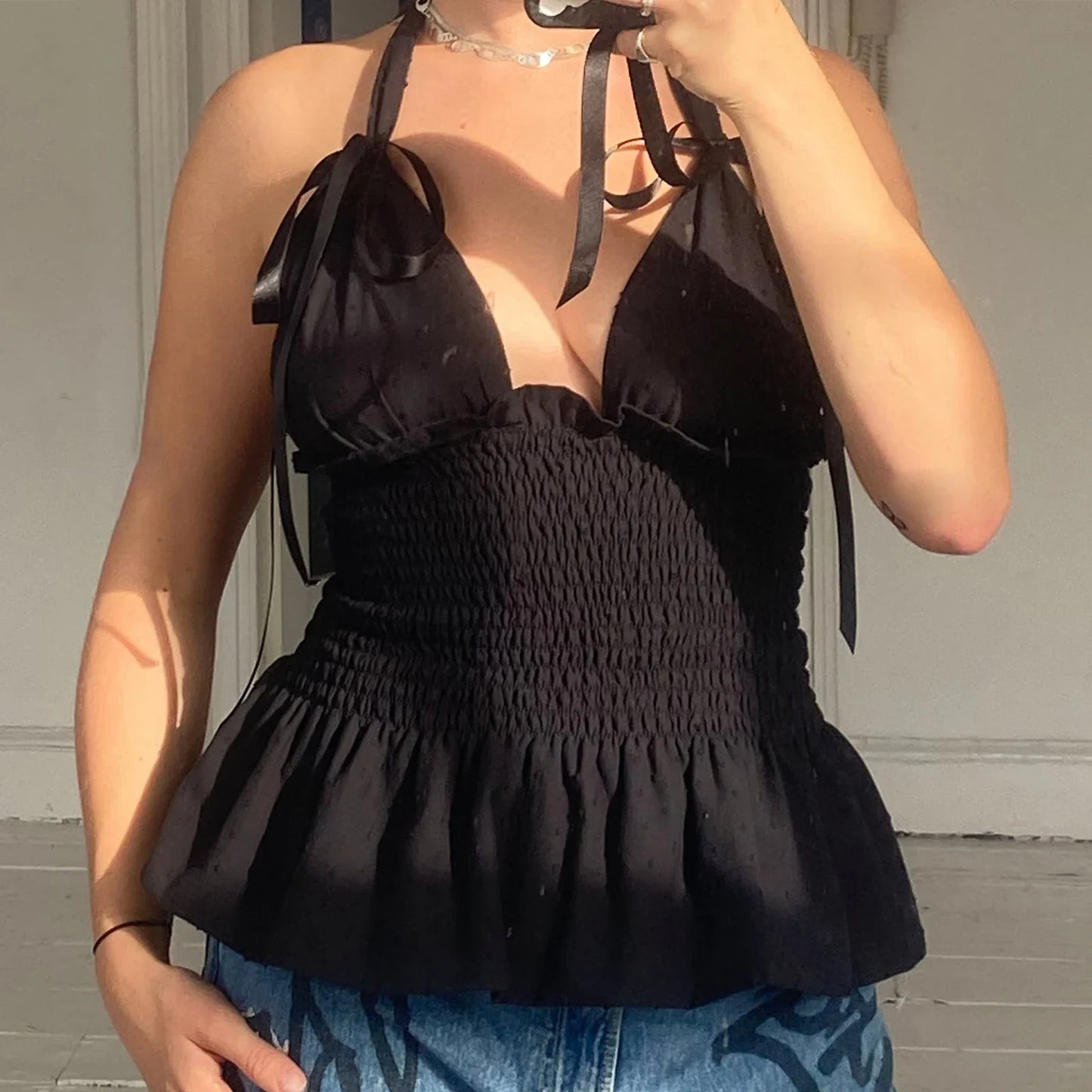 Y2K Floral Print Ruffled Hem Tie-Up Cami Top