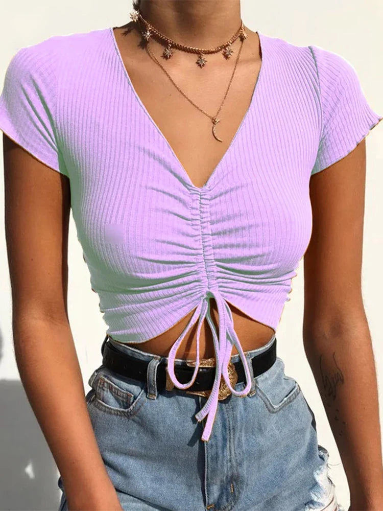 V-Neck Drawstring Ribbed Crop Top