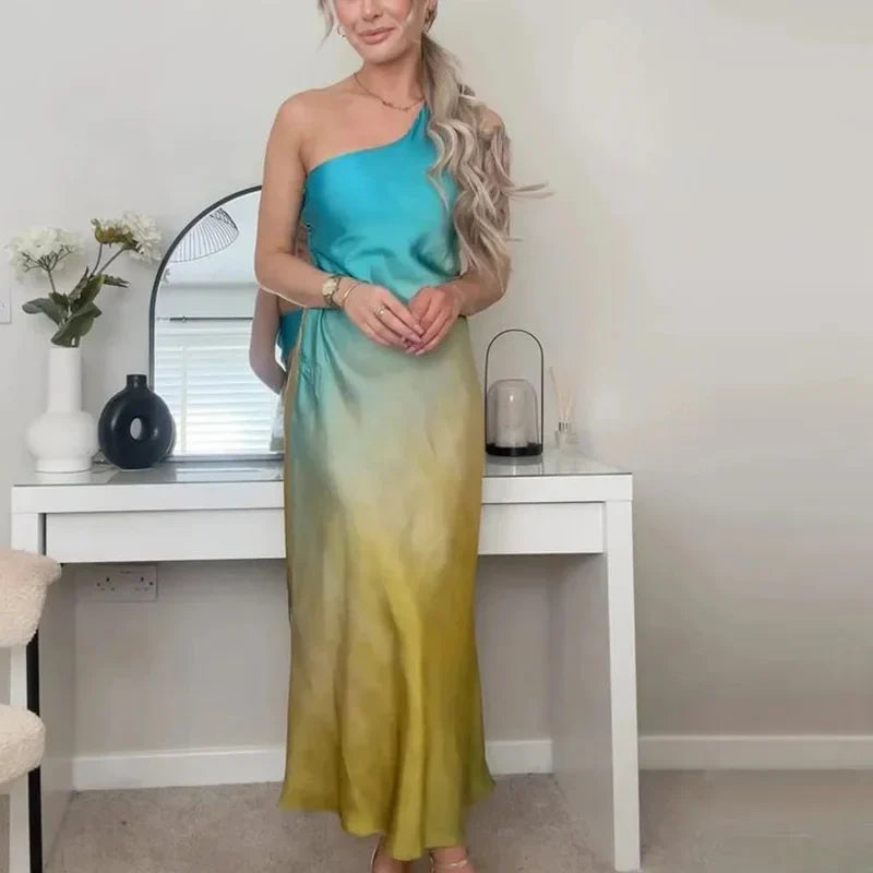 Satin Tie Dye Asymmetric Off Shoulder Midi Dress