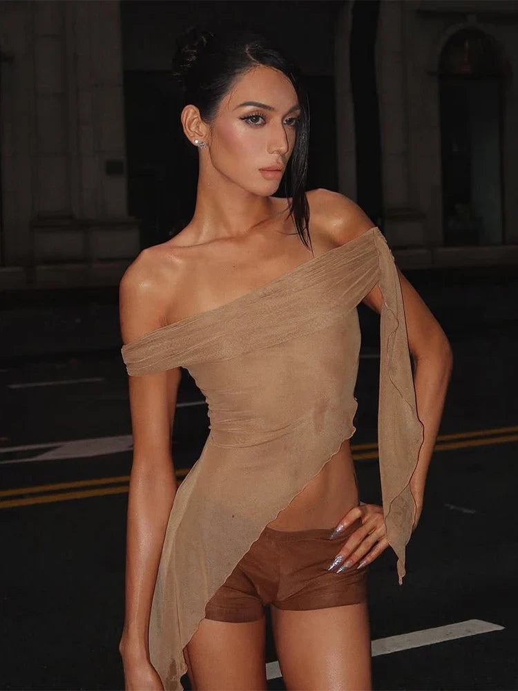 See-Through One Shoulder Pleated Strapless