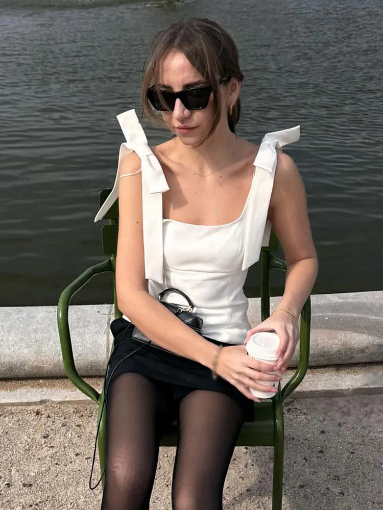 Bow Square Collar Sling Slim Cami Top